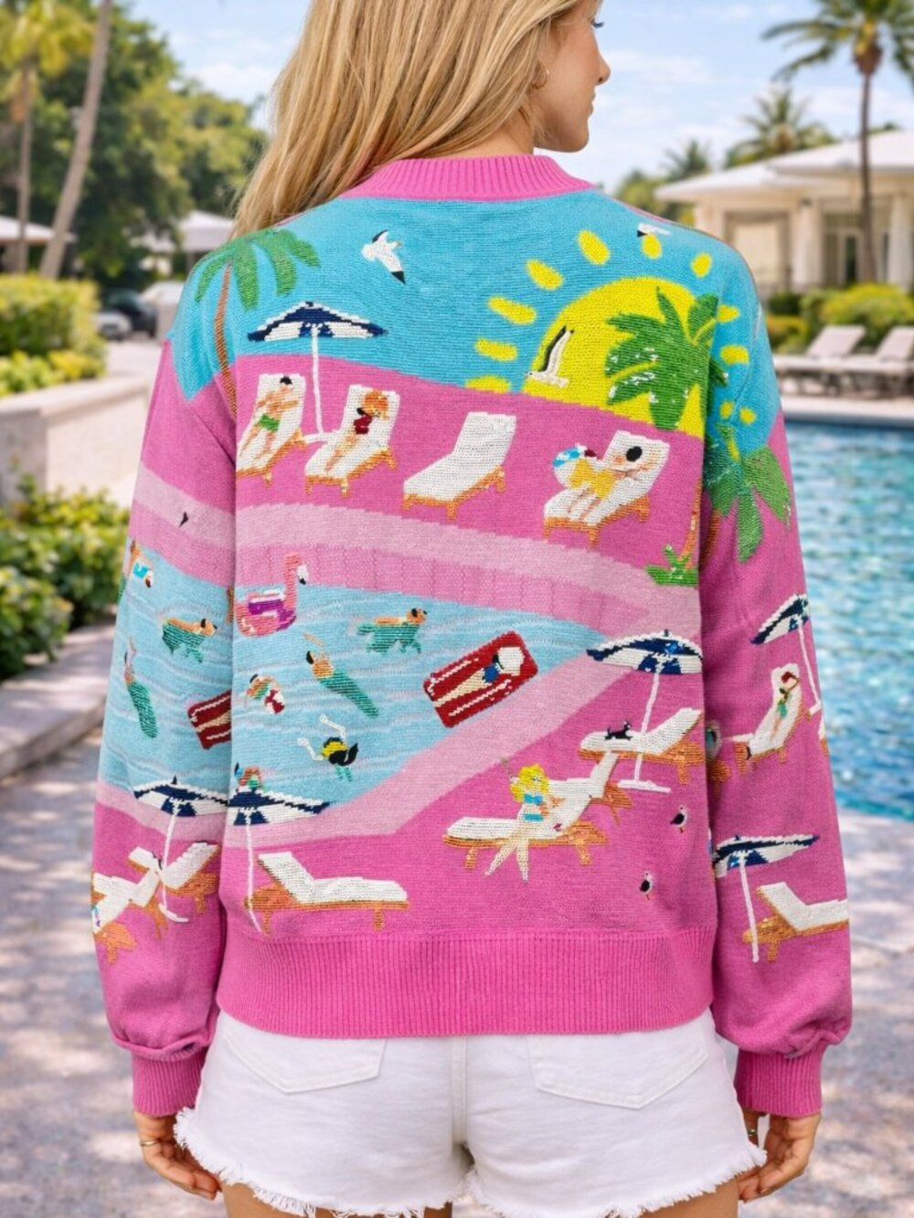 NWT Queen of Sparkles Pink Swimming Pool Button-Up Cardigan - Picture 2 of 4